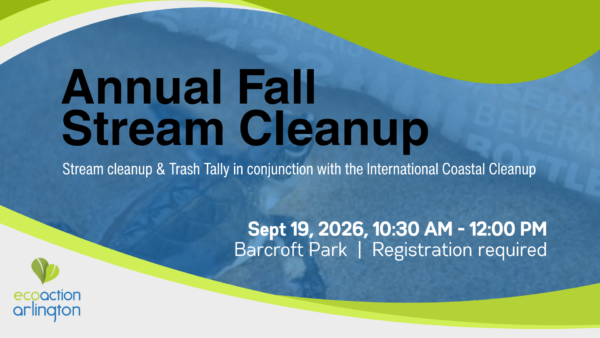 Annual Fall Stream Cleanup Sept 19, 2026 at Barcroft park with grean and white decorative waves and a sea turtle on the beach background