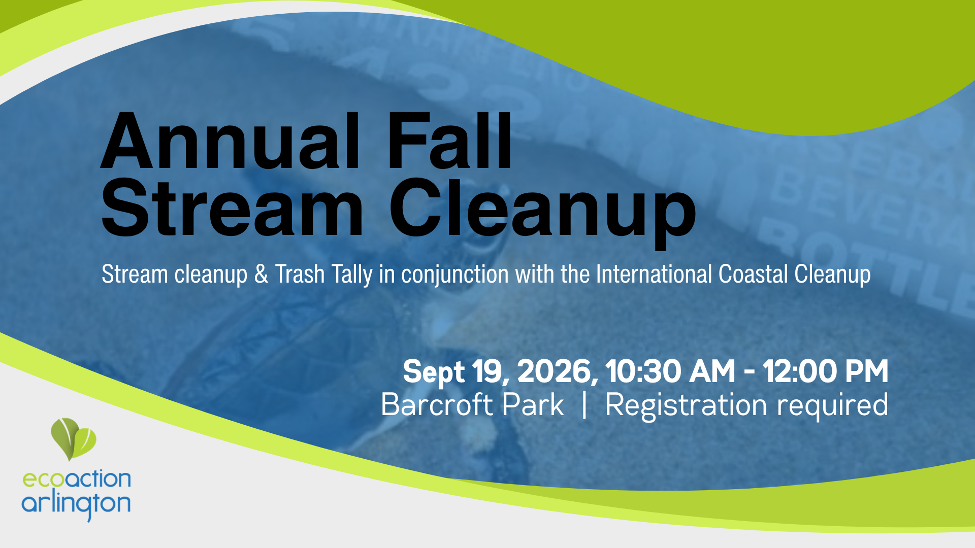 Annual Fall Stream Cleanup Sept 19, 2026 at Barcroft park with grean and white decorative waves and a sea turtle on the beach background