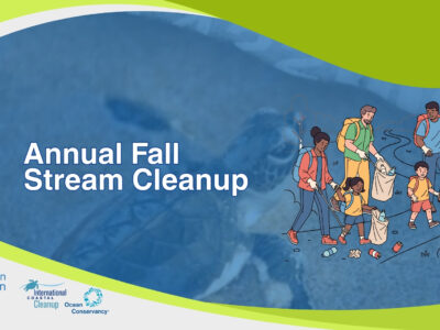 Family members walking along a trail while collecting litter into bags and bins, with scattered trash on the ground International Coastal Cleanup logo with a blue bird silhouette and wave-like lines above the text “International Coastal Cleanup” in blue. Ocean Conservancy logo with a blue circular wave emblem and the text “Ocean Conservancy” in dark blue, with small blue splashes around the emblem.