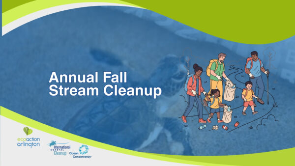 Family members walking along a trail while collecting litter into bags and bins, with scattered trash on the ground International Coastal Cleanup logo with a blue bird silhouette and wave-like lines above the text “International Coastal Cleanup” in blue. Ocean Conservancy logo with a blue circular wave emblem and the text “Ocean Conservancy” in dark blue, with small blue splashes around the emblem.