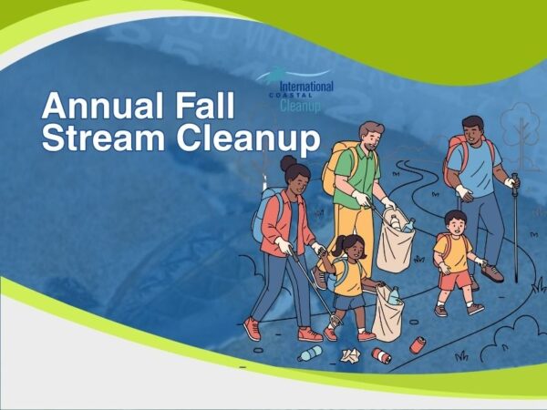 Family members walking along a trail while collecting litter into bags and bins, with scattered trash on the ground International Coastal Cleanup logo with a blue bird silhouette and wave-like lines above the text “International Coastal Cleanup” in blue. Ocean Conservancy logo with a blue circular wave emblem and the text “Ocean Conservancy” in dark blue, with small blue splashes around the emblem.