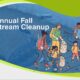 Family members walking along a trail while collecting litter into bags and bins, with scattered trash on the ground International Coastal Cleanup logo with a blue bird silhouette and wave-like lines above the text “International Coastal Cleanup” in blue. Ocean Conservancy logo with a blue circular wave emblem and the text “Ocean Conservancy” in dark blue, with small blue splashes around the emblem.