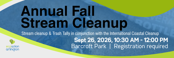 Annual Fall Stream Cleanup Sept 26, 2026 at Barcroft park with green and white decorative waves and a sea turtle on the beach in background