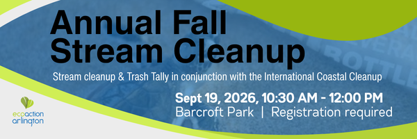 Annual Fall Stream Cleanup Sept 26, 2026 at Barcroft park with green and white decorative waves and a sea turtle on the beach in background