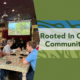 banner graphic with dark green background for a luncheon at Busboys & Poets Shirlington on Thursday, February 11, 2027 on the right is green and blue abstract leaf-like background with the bold text “Rooted In Our Community” centered across the image. On the right a photo of people sitting at tables with plates and glasses in front of them, with a colorful illuminated screen in the background depicting trees.