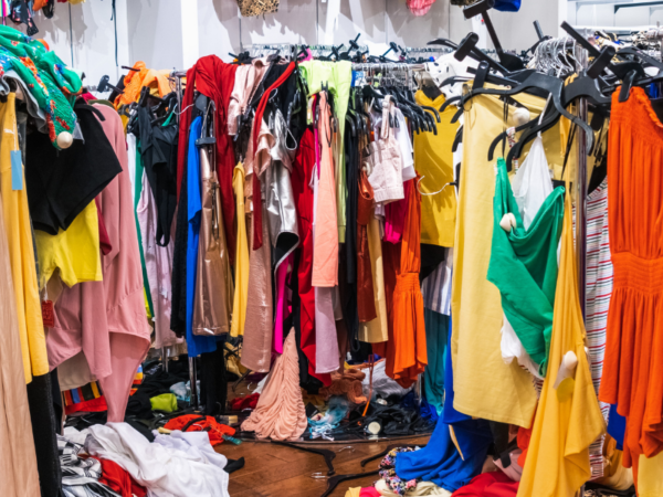 many colorful items of clothing overflowing in a walk-in closet with piles of clothes and shoes on the floor