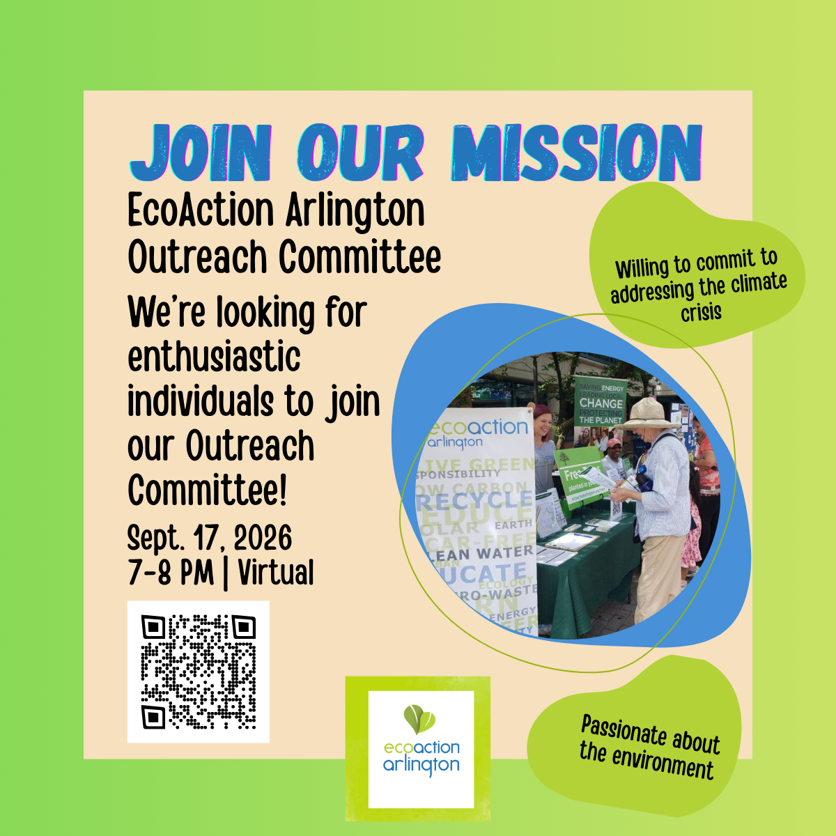 Join Our Mission: Next Outreach Committee meeting in September 17 7-8 PM virtually, featured image of smiling staff greeting the community at a tabling event