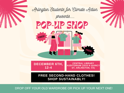 graphic of women choosing clothing items from a garment rack with title: Arlington Students for Climate Action presents... Pop-Up Shop