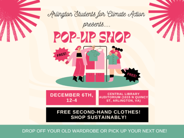graphic of women choosing clothing items from a garment rack with title: Arlington Students for Climate Action presents... Pop-Up Shop